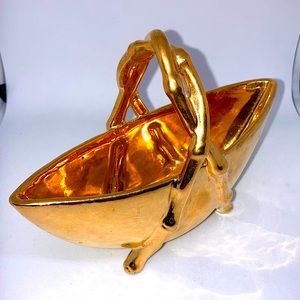 Vintage Gold ceramic sugar trinket bowl dish footed 5 3/4” x2” x 4 1/2” shabby